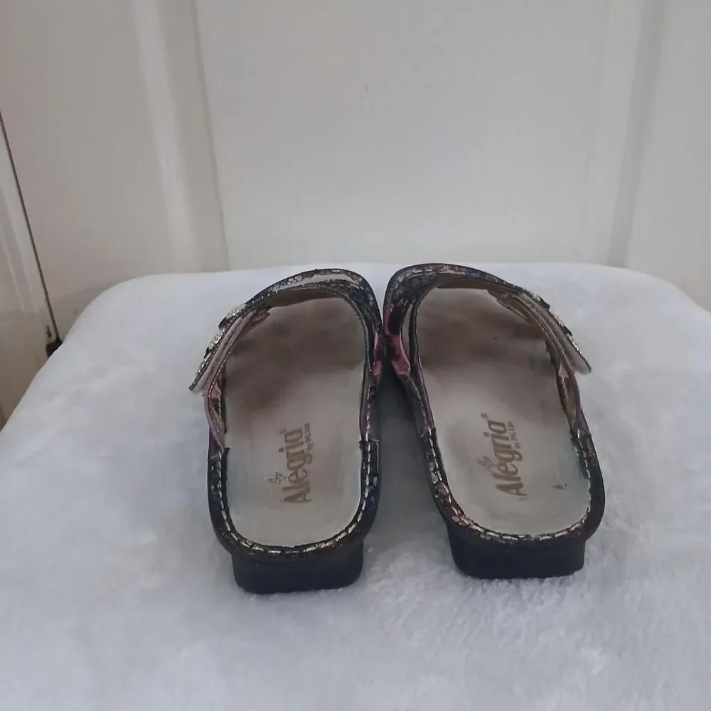 Alegria Fiona Multicolor Mosaic Leather Chunky Slide Sandals EU 37 Boho Dopamine